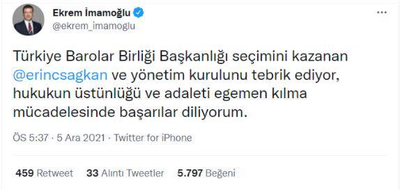 Türkiye Barolar Birliği'nin yeni başkanı Erinç Sağkan'a tebrik mesajları