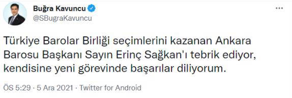 Türkiye Barolar Birliği'nin yeni başkanı Erinç Sağkan'a tebrik mesajları