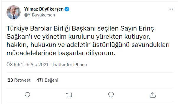 Türkiye Barolar Birliği'nin yeni başkanı Erinç Sağkan'a tebrik mesajları