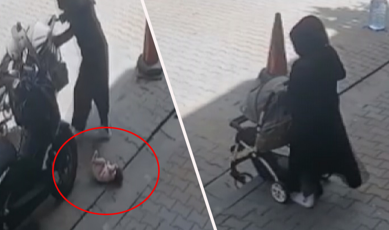 Çocuğunun düştüğünü fark etmeyen kadın, bebek arabası ile üstünden geçti