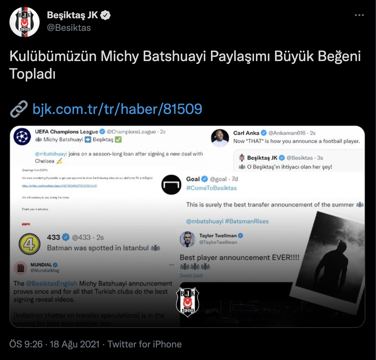 Beşiktaş'ın Michy Batshuayi transferi, dünya basınında yankı buldu