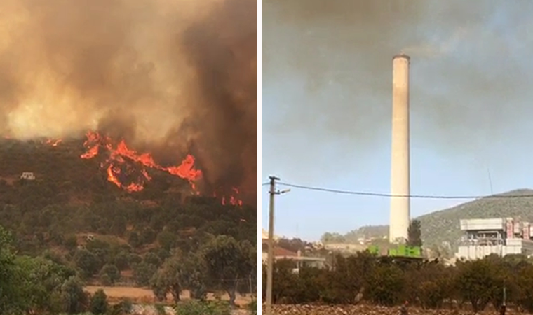 Kemerköy Termik Santrali'ne yaklaşan yangın böyle görüntülendi