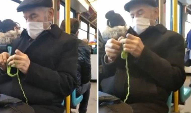 Belediye otobüsünde örgü ören yaşlı amca gülümsetti