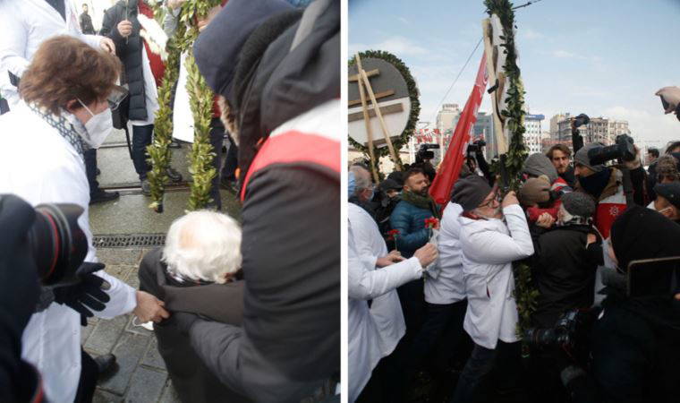 Taksim Meydanı'na çelenk bırakmak isteyen İstanbul Tabip Odası üyelerine polis müdahalesi: 'Bu ne rezilliktir ya! Utan Erdoğan!'