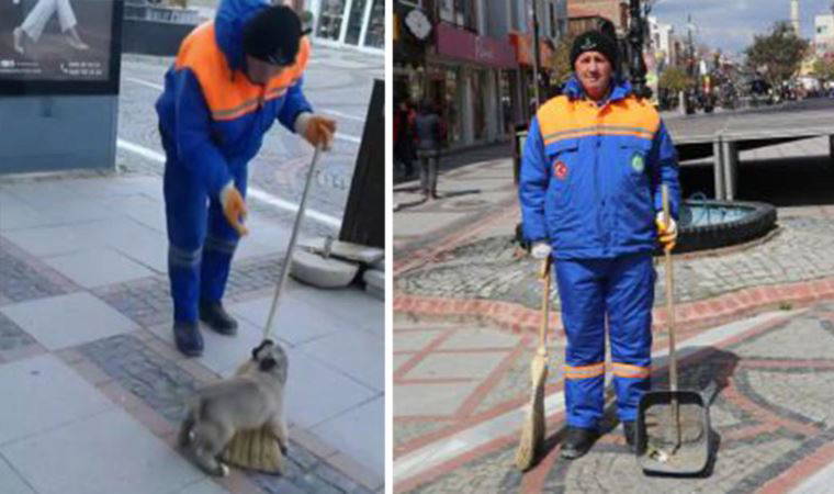 Temizlik işçisinin yavru köpekle oynadığı anlar, sosyal medyada ilgi gördü