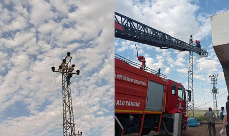 12 metrelik elektrik direğinde asılı kaldı, itfaiye kurtardı