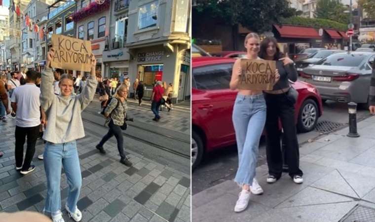 Taksim'de ilginç olay: Belaruslu kadın 'Koca arıyorum' dövizi açtı