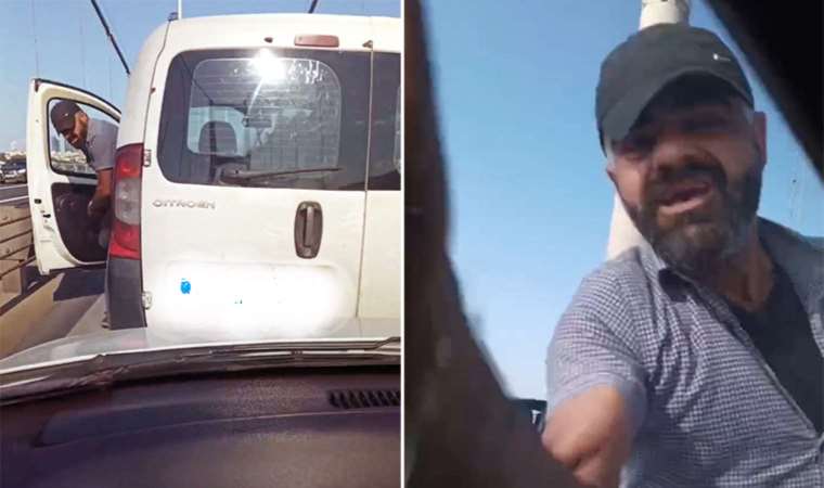 Köprüde bir maganda... Otomobile önce yumruk attı, sonra çarptı!