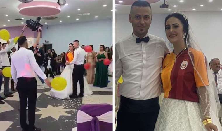 Düğün salonuna gelinliğinin üzerine giydiği Galatasaray formasıyla girdi