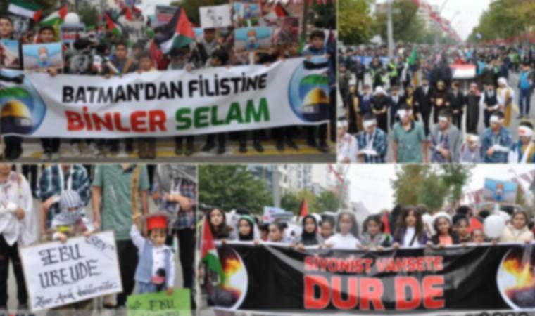 Yüzlerce 15 yaş altı çocuk ellerinde Tevhid bayrağı ile ‘Gazze’ye destek için’ yürütüldü