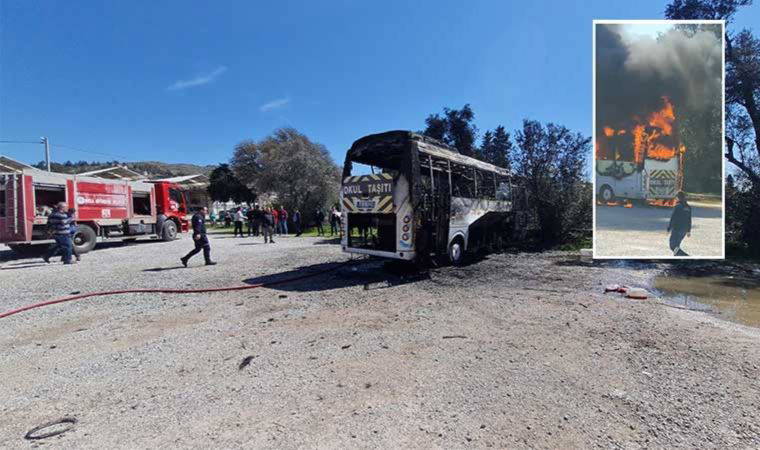 Muğla'da yanan okul servisi hurdaya döndü