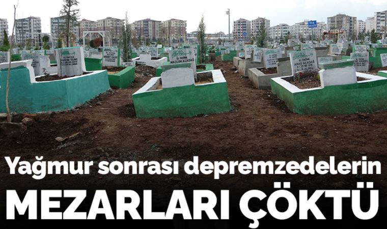 Yağmur sonrası depremzedelerin mezarları çöktü