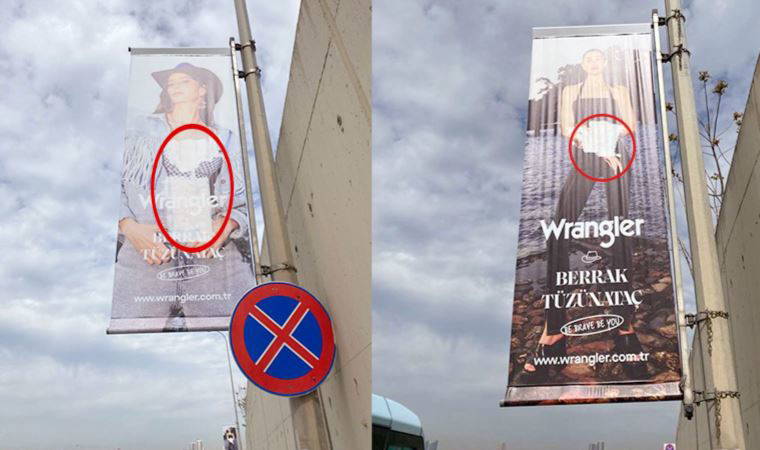 Reklam afişlerine gerici müdahale: Berrak Tüzünataç'ın göğüs ve göbek bölgesini boyayla kapattılar!