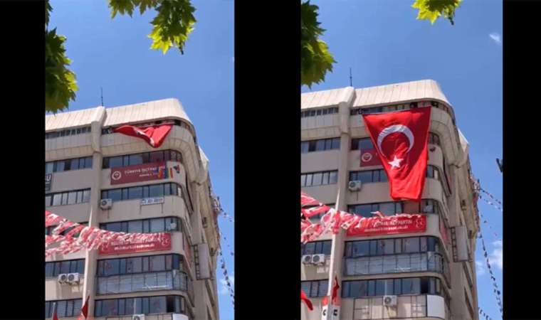 Konya’da TİP’in binasında bulunan LGBT bayrakları Türk bayrağıyla kapatıldı