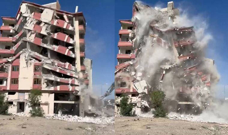 Elazığ'da ağır hasarlı bina, tek dokunuşla yerle bir oldu