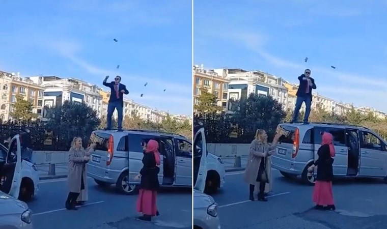 Düğün konvoyundakiler yolu kesip etrafa para saçtı