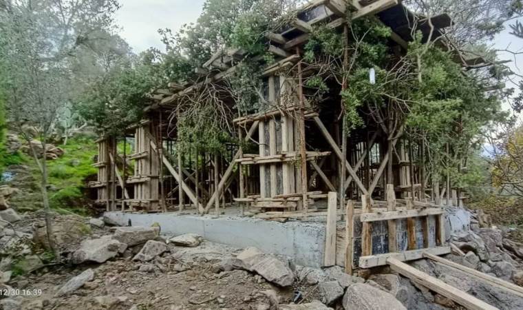 Kaçak inşaatı ağaç dallarıyla gizlemeye çalıştılar