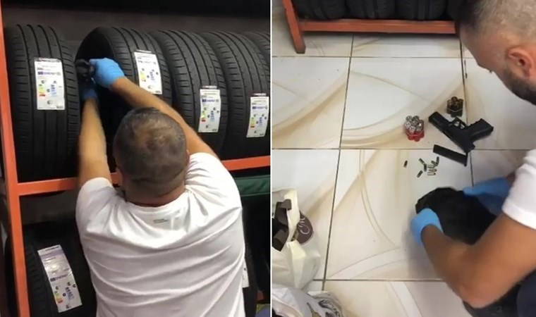 İşyerinde lastiklerin içinden silahlar çıktı