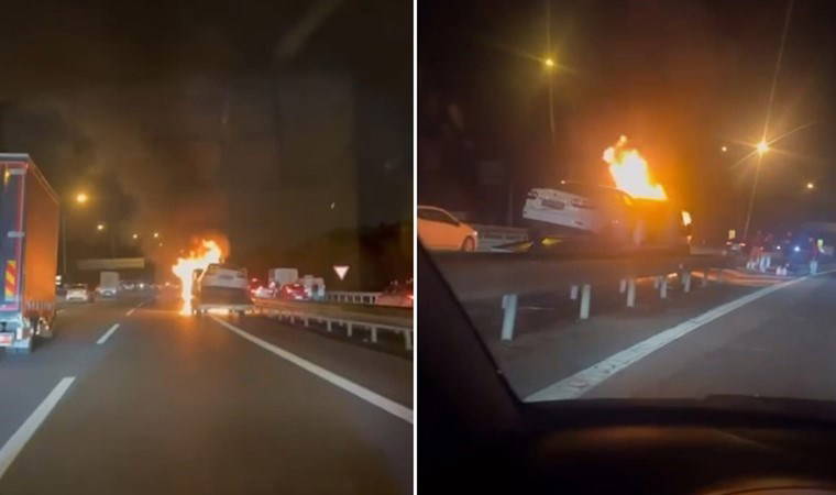 Hasarlı araç taşıyan çekici alev alev yandı