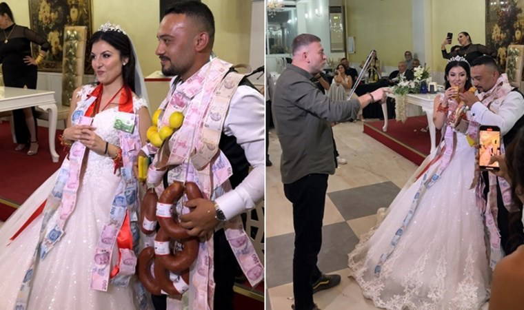 Gelin ve damadı şaşkına çeviren kangal sucuklu, limonlu ve dürümlü takı töreni