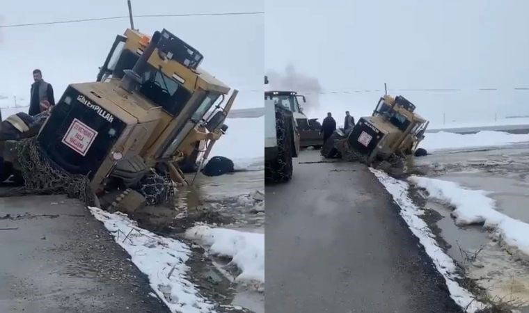 Yüksekova’da iş makinesi yol kenarındaki boşluğa düştü