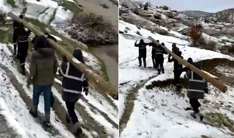 9 metrelik direği 2 kilometre sırtlarında taşıyıp, 9 köyü elektriğe kavuşturdular