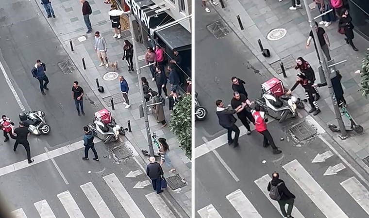 Nişantaşı boks ringine döndü: Motosiklet sürücüsü ile kurye tekme tokat birbirine girdi!