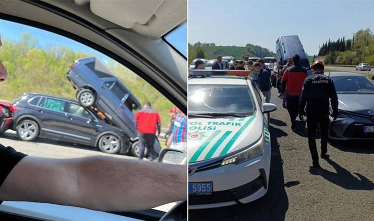 9 araçlı zincirleme kazada ilginç görüntü: Araçlar üst üste çıktı