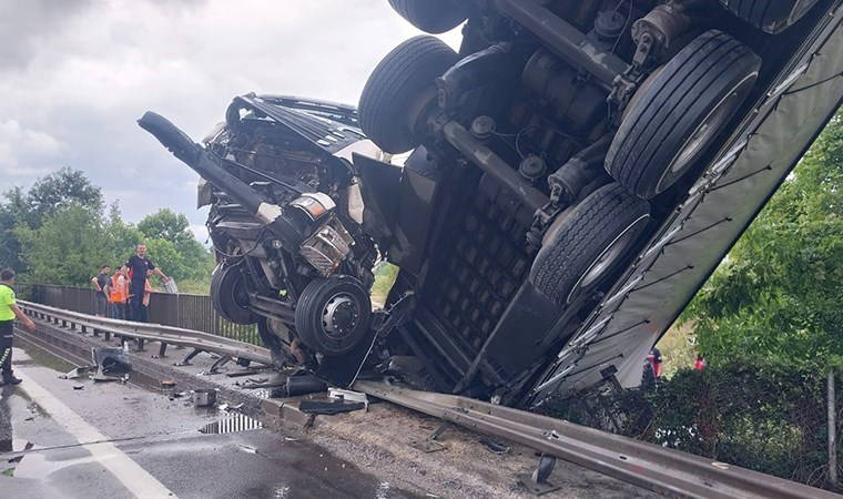Köprüde asılı kalan TIR'ın şoförü yaralandı: 6 büyükbaş öldü