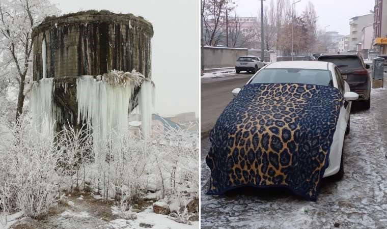 Ağrı'da su deposu buz tuttu, araçların üzerine battaniye örtüldü