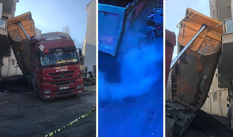 Ölümden saniyelerle kurtuldu! Kağıthane'de panik anları: Asfalt döken kamyonun damperi balkona girdi!