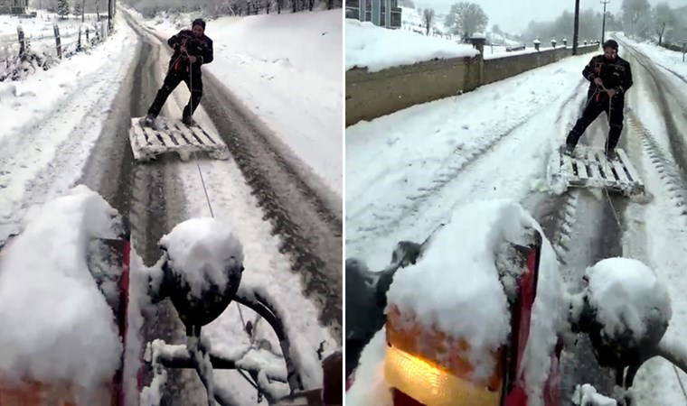 Sakarya’da eğlenceli kar keyfi: Traktörle snowboard yaptılar!