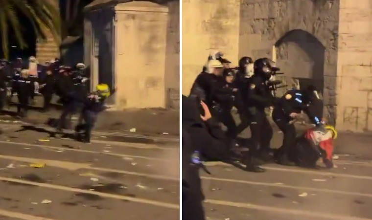 Saraçhane'de polis, Atatürklü bayrak taşıyan eylemciye uçan tekme attı