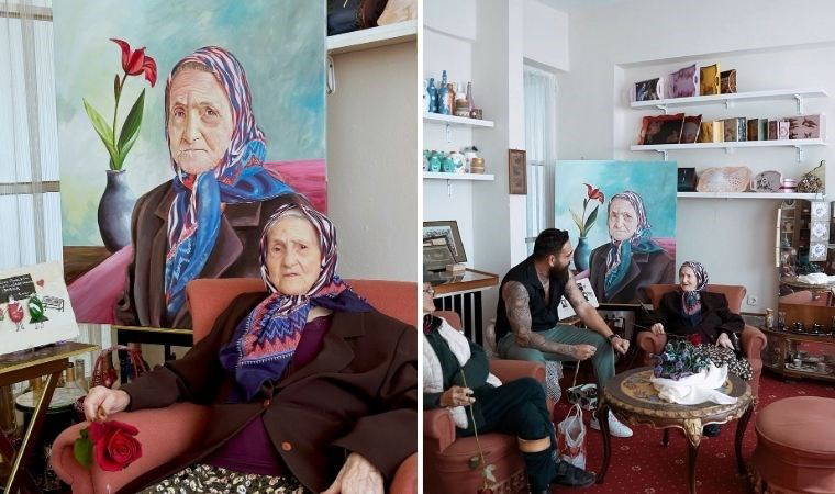 Kadınlar Günü'nde ziyaret ettiği huzurevinin en yaşlısını resmetti
