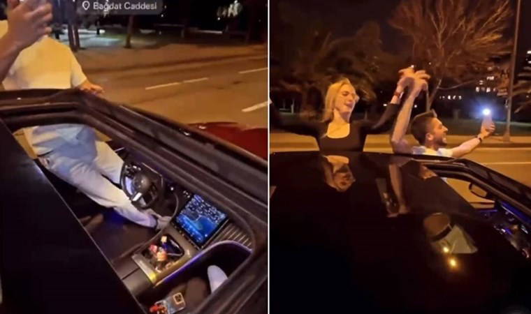 Trafikte tehlikeli anlar: Camından sarktığı otomobili ayağıyla kontrol etti