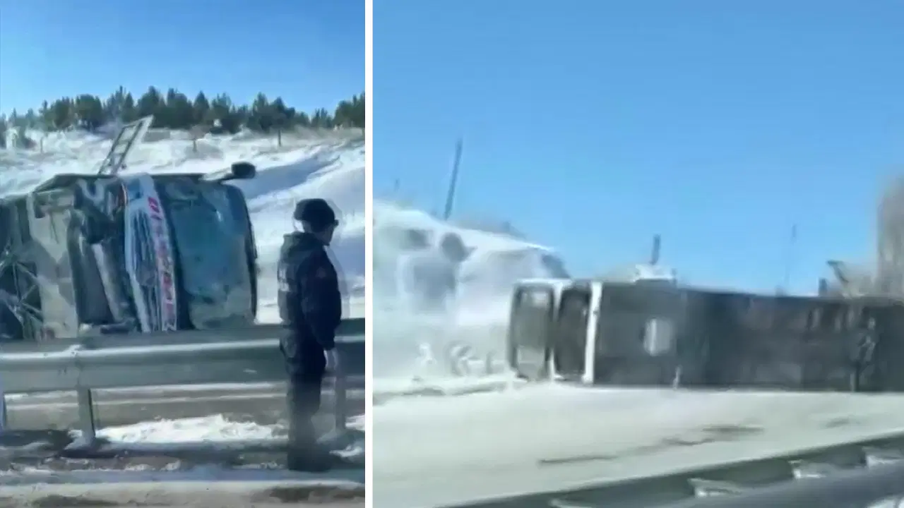 Yolcu otobüsü, buzlanan yolda yan yattı: 2'si ağır 13 yaralı