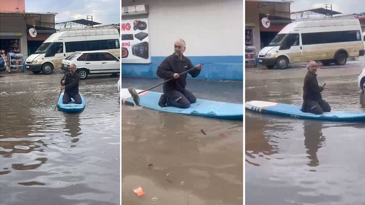 Adana’da sağanak sanayiyi vurdu: Tamir ustasından sanayi sitesinde kürek sörfü!