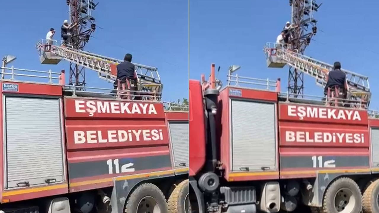 Tamir etmek için çıktığı elektrik direğinde mahsur kaldı