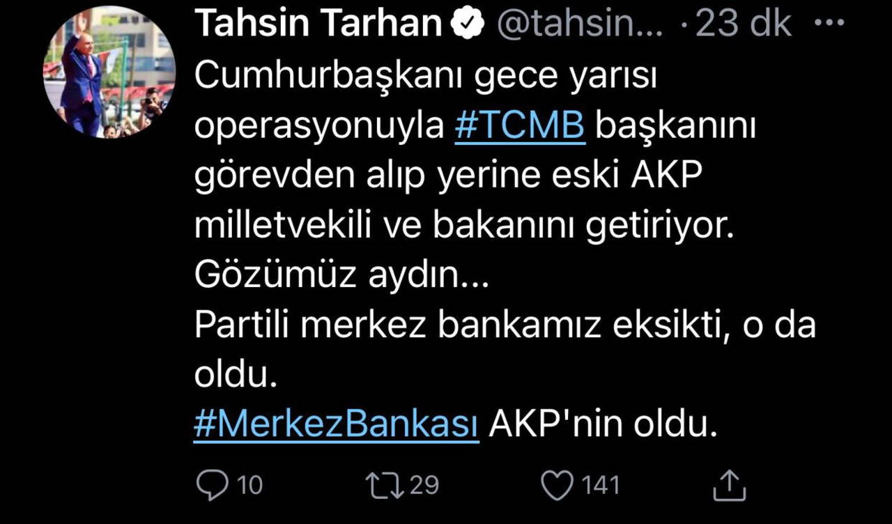 Merkez Bankası Başkanı Murat Uysal'ın görevden alınmasına tepkiler