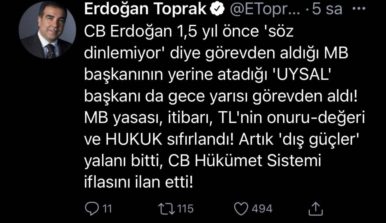 Merkez Bankası Başkanı Murat Uysal'ın görevden alınmasına tepkiler