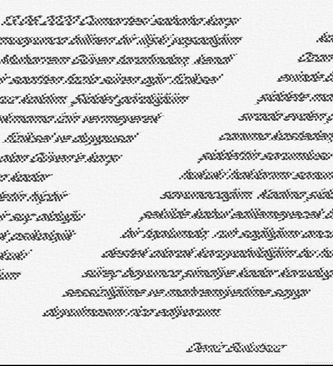 Deniz Bulutsuz'dan 'darp' iddiası: Bir saatten fazla süren ağır fiziksel şiddete maruz kaldım