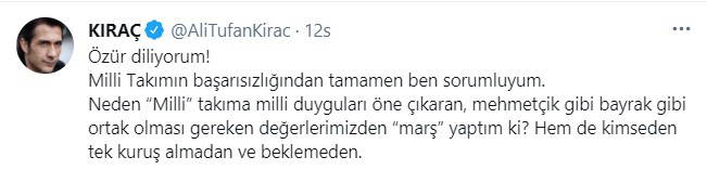 Kıraç: Özür diliyorum, Milli Takım'ın başarısızlığından tamamen ben sorumluyum