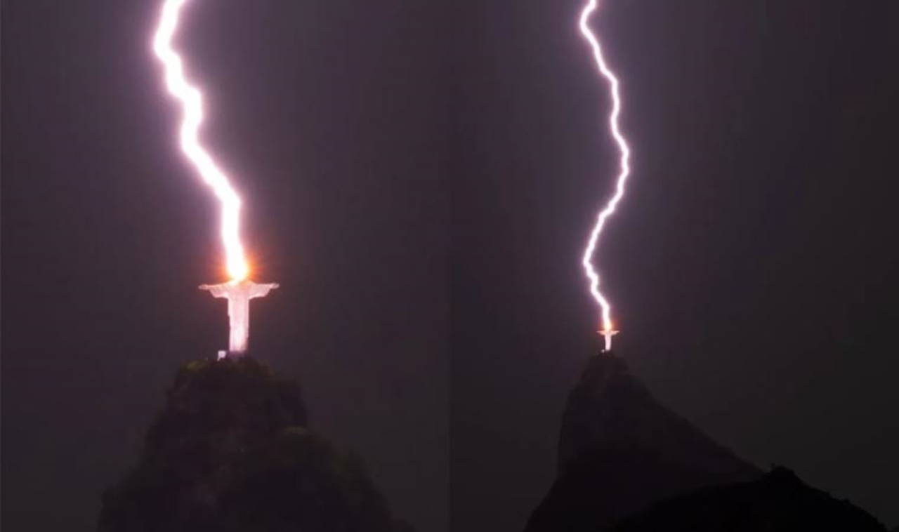 Rio'daki Kurtarıcı İsa heykeline düşen yıldırım objektife böyle yansıdı