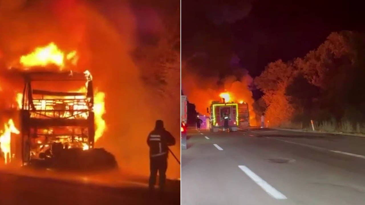 Faciadan dönüldü... Anadolu Otoyolu'nda yolcu otobüsü yandı
