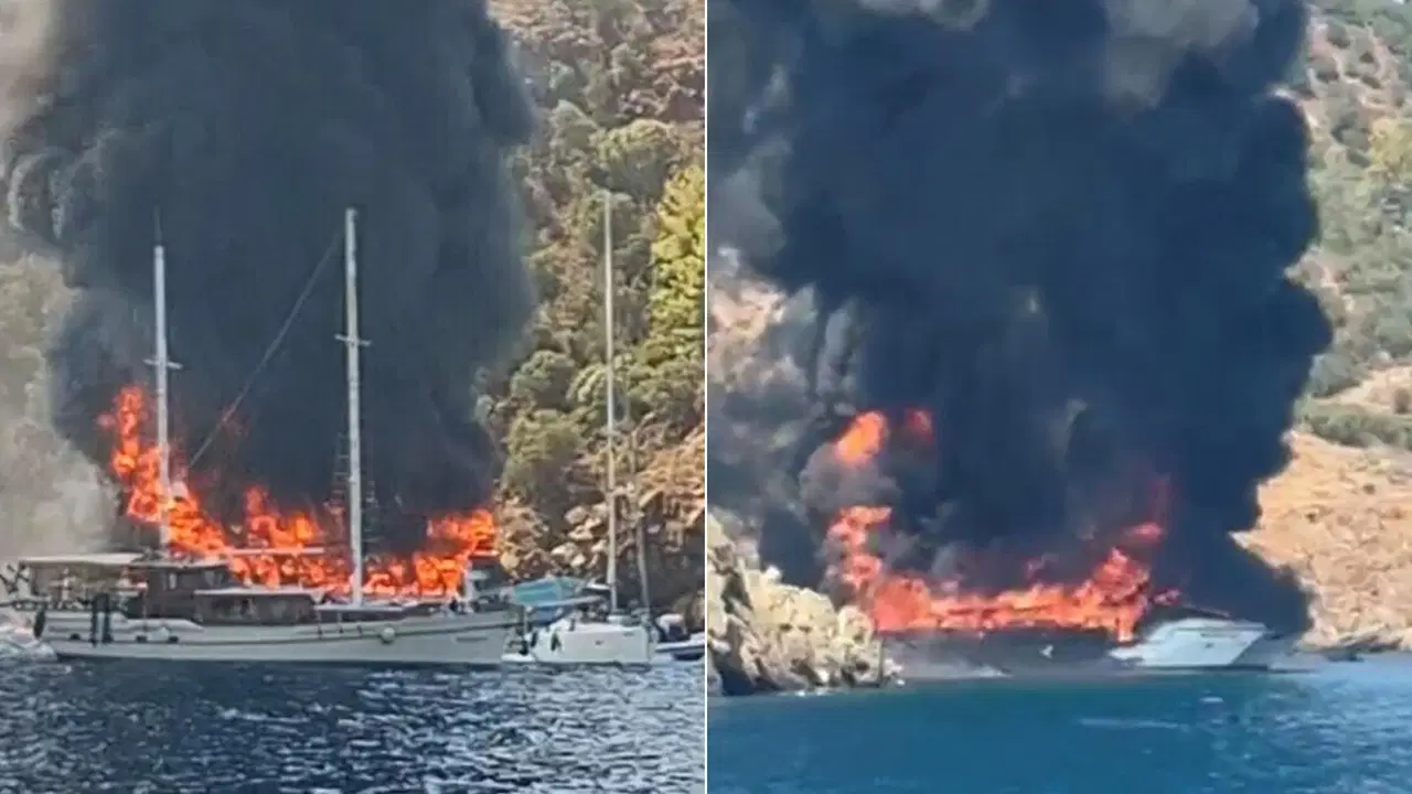 Fethiye’de koydaki tekne yandı: 115 yolcu suya atladı