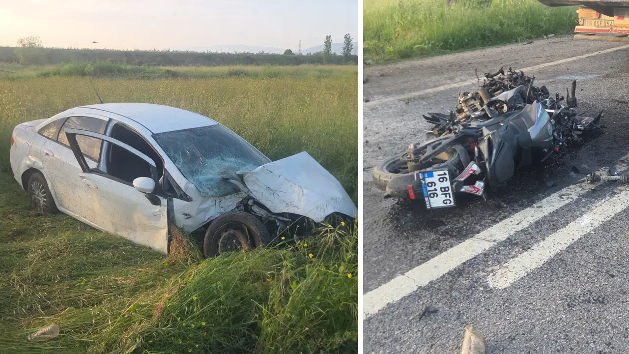Bursa'da otomobil tarlaya uçtu, devirdiği elektrik direğine motosiklet çarptı: 1'i ağır, 4 yaralı