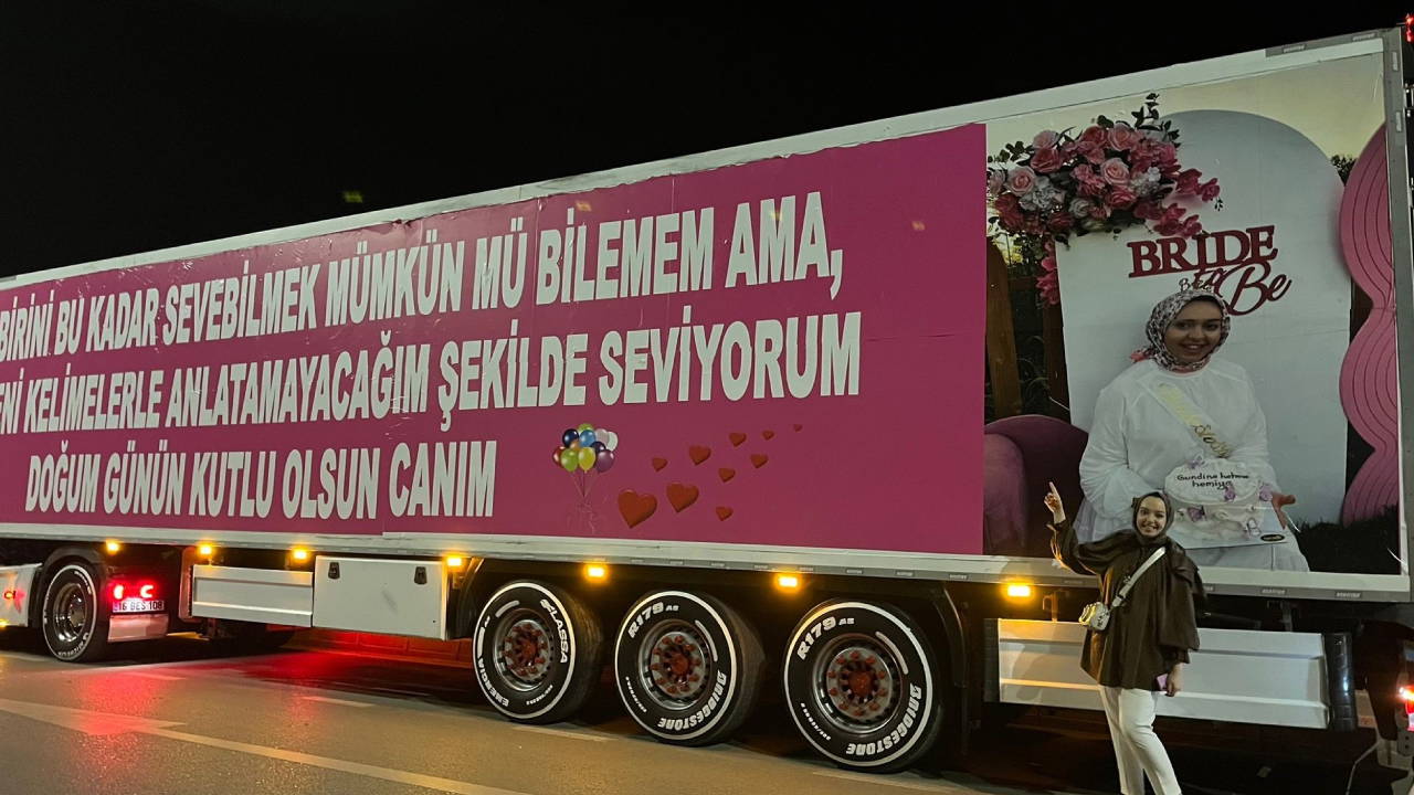 Eşinin doğum günü için 25 metrelik TIR'ı kapladı