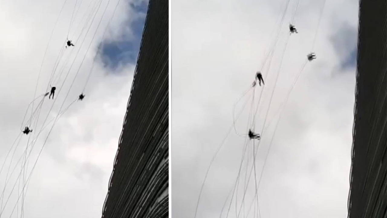 Metrelerce yüksekte dehşet anları: İşçiler fırtınada savruldu!