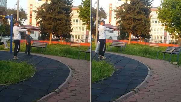 Parkta tepki çeken görüntü... Çocuğa silah talimi yaptırdı