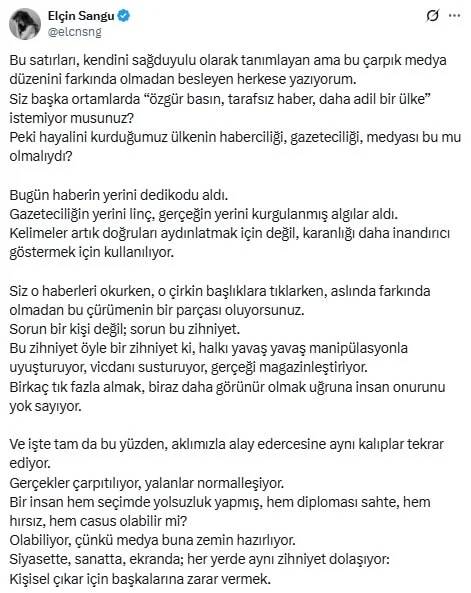 Haber: Elçin Sangu’dan sert çıkış! “Gerçekler çarpıtılıyor, yalanlar normalleşiyor!”